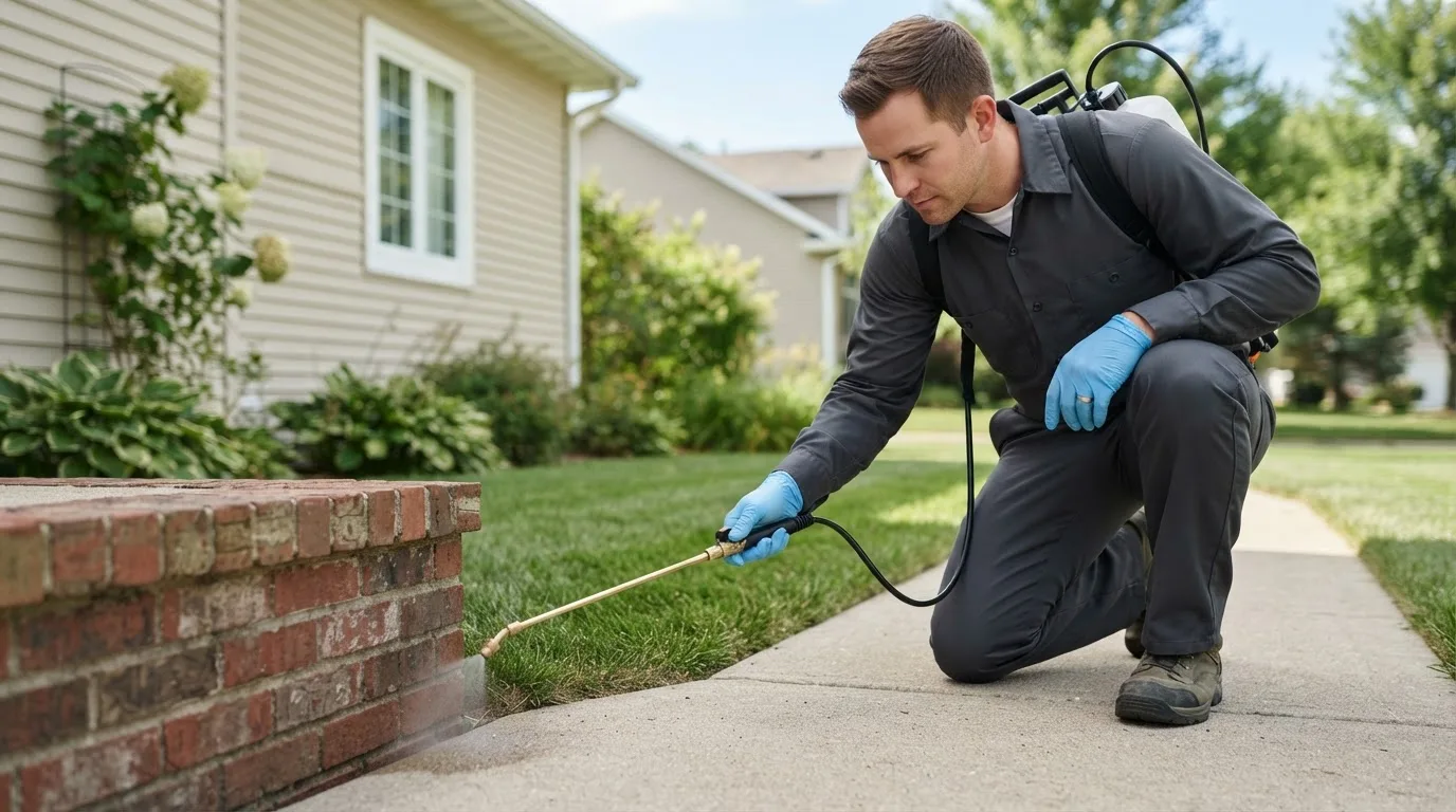 Pest control technician treating a home near Fountain City, IN